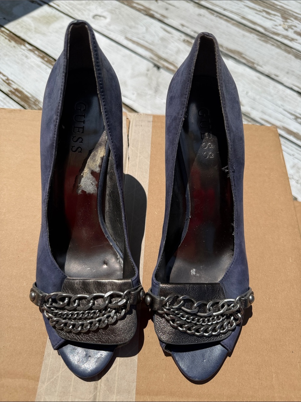 Guess Navy Peep-Toe Heels with Gunmetal Chain Detail